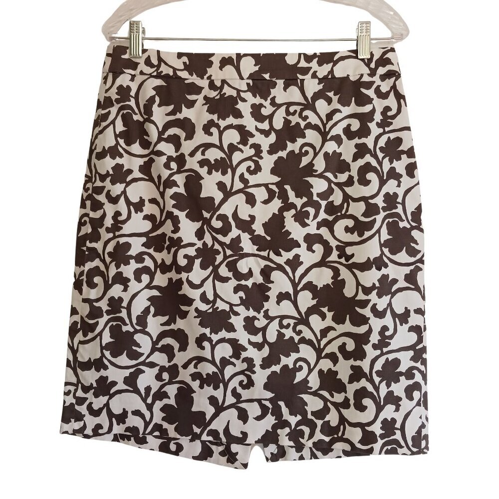 J Crew Brown White Floral Vine Plant Print Straight Cotton Pencil Stretch Skirt